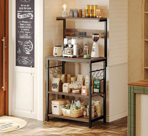 Kitchen Bakers Rack With Power Outlet And Coffee Bar Table Four Tier Space Saving Microwave Stand With Six S Shaped Hooks Storage Shelf For Spices Pots And Pans Rustic Brown Finish Perfect For Tiny Kitchens And Busy Mornings in cozy kitchen setting