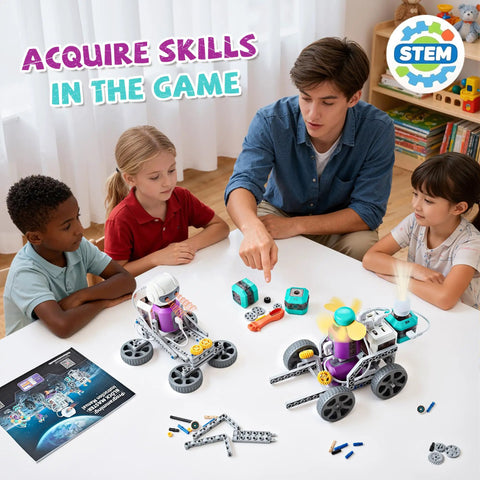 Children and teacher building robots with 24-In-1 STEM Circuit Robot Kit For Kids Ages 8 To 12 in classroom setting.