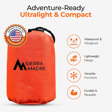 Ultralight Waterproof Mylar Emergency Sleeping Bag Bivy Sack For Hiking And Bug Out Kits, orange bag showing features.