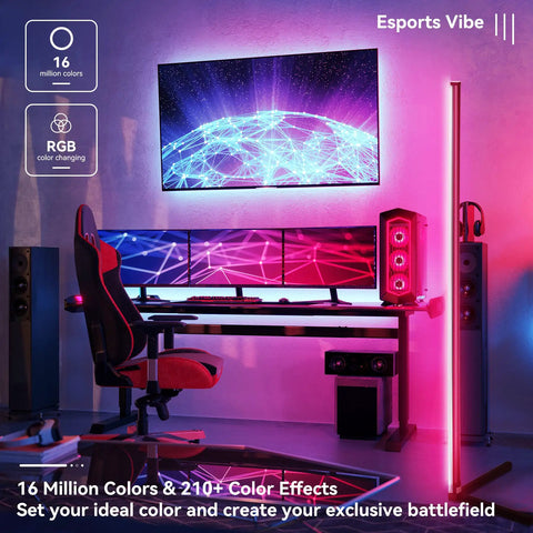Corner Floor Lamp Set The Vibe With 16 Million RGB Colors And Over 210 Mood Lighting Modes next to gaming setup