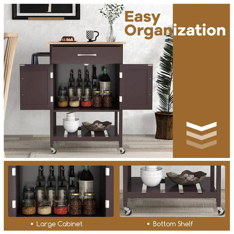 Slick Rolling Kitchen Island Cart With Dope Rubberwood Top And Quick Release Drawer Perfect Go To Coffee Bar Station With Deep Open Shelf And Convenient Towel Rack In Warm Honey Brown