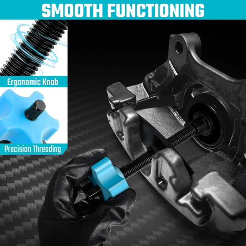 Heavy Duty Caliper Piston Compressor Tool With Brake Pad Spreader And Two Caliper Hangers For Most Cars And Light Trucks Built Tough In High Carbon Steel For Long Lasting Durability And Smooth Easy Brake Maintenance And Pad Replacement with ergonomic knob in use on brake caliper