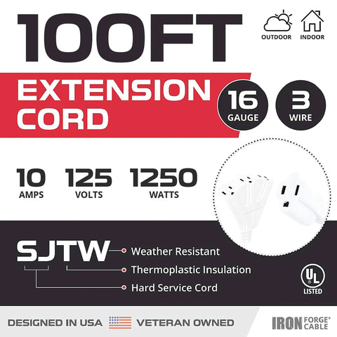 100 Foot White Outdoor Extension Cord With 3 Outlets, Beefy Heavy Duty All Weather 16/3 SJTW Power Cable specifications
