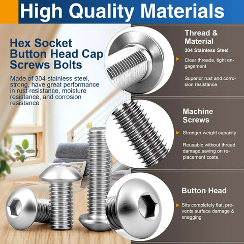 22 Piece M6 X 16MM 304 Stainless Steel Button Head Socket Cap Screws Full Thread Rustproof Heavy Duty Machine Fasteners displayed with clear threads.