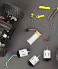 Twenty Pieces Micro DC Motors 1.5V to 3V 23000 RPM for DIY Toys and Science Projects displayed with car parts and tools.