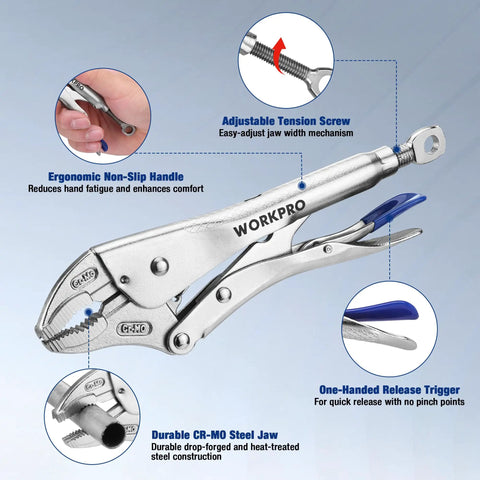 Locking Pliers Set With Curved Jaw And Long Nose, CRMO Steel Construction, ergonomic handle, perforated screw adjustment