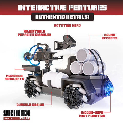Skibidi Toilet Officially Licensed Parasite Disabler Tank RC Car With Cameraman, featuring LED headlights and mist spray.