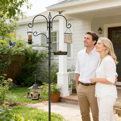 Bird Feeding Station Kit With Adjustable Hooks And Trays, Tough Pole System For Hanging Big And Small Feeders, Suet Feeder, Bird Bath, And Planter Hanger For Easy Install To Attract Wild Birds All Season in garden setup