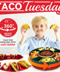 Child with Lazy Susan Taco Bar Set With Lids And Four Rotating Taco Holders For Taco Tuesday With Warming Pot in red.