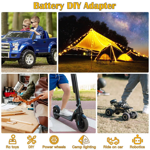 Collage of Battery DIY Adapter uses: ride-on truck toy, illuminated tent, workshop tools, scooter, and RC car.
