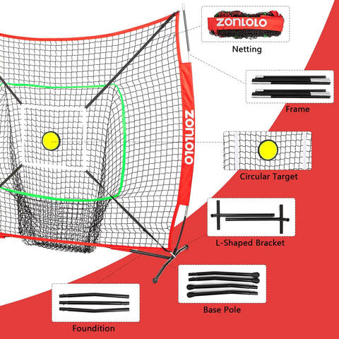 Portable Baseball And Softball Net 6x6ft With Sturdy Bow Frame And Carry Bag For Hitting And Pitching Circular Target And Strike Zone For Accurate Practice Great For Kids, showing net structure and components