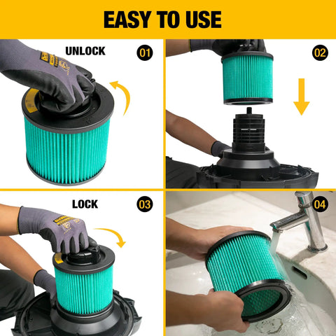 HEPA Vacuum Filter Replacement For 4 To 5 Gallon Shop Vacuums, Fits DXV04T, DXV05P, showing installation and washing steps.