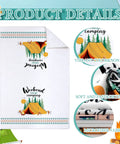 Set Of 6 Camping Kitchen Towels, 24 X 16 Inches, white dishcloth with tent design and 'Weekend Forecast Camping' text.