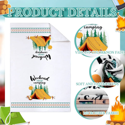 Set Of 6 Camping Kitchen Towels, 24 X 16 Inches, white dishcloth with tent design and 'Weekend Forecast Camping' text.