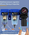 One Quarter Inch NPT Compressed Air Dryer And Air Pressure Regulator Filter Combo With Two 5 Micron Cartridges, Blue