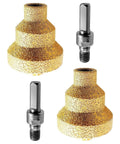 Front view of two gold Pagoda diamond tile drill bits with M10 threaded shanks, 20/35/50 mm for marble and stone, 2 pcs