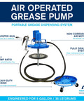 Macnaught P3TR 50:1 air-operated grease pump with booster gun, hose and trolley for 5 gal/35 lb drums (front view)