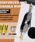 Upgraded Rope Hoist Pulley System 4400 Lbs Block And Tackle Kit with 304 Stainless Steel Shackle and Two Lift Slings 8 to 1 Ratio 65 Ft.