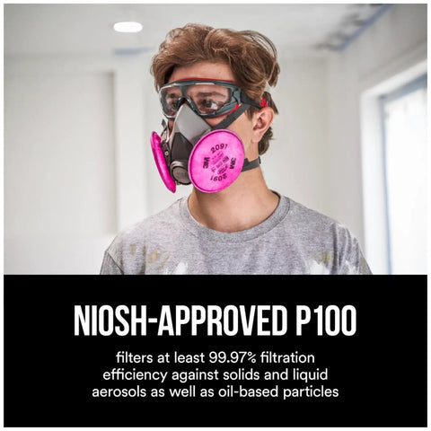Person wearing Pink P100 Particulate Filters 2091 07000 Two Pack For Non Oil Based Particulates NIOSH Approved mask indoors
