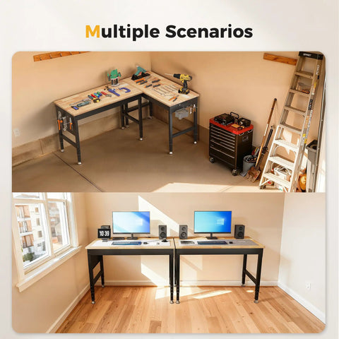 Beefy 96 Inch Adjustable Heavy Duty Workbench With 2000 Lb Load Capacity Rubber Wood Surface Pegboard And Built In Power Outlets setup