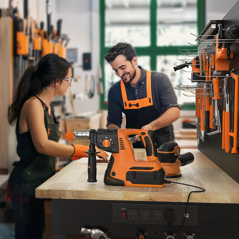 People working on 48 Inch Heavy Duty Adjustable Height Work Bench With 2000 Lbs Capacity, Built Like A Tank, Storage Shelf