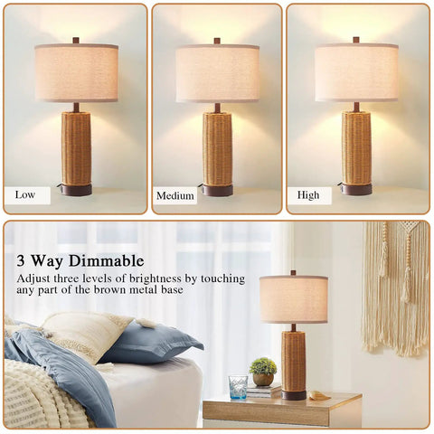 Rattan Table Lamps Set Of 2 For Bedroom With 3 Way Dimmable Touch Control Rustic Natural Wicker Nightstand Lamps With USB Ports