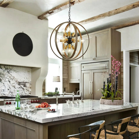 12 Light Farmhouse Dining Room Chandelier With Adjustable Chain In Oak And Brass Finish above modern kitchen island