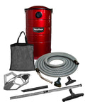 Pro Wall Mount Garage And Car Vacuum with 50 ft Hose and Tools, red steel unit with accessories, 7 gallon dirt capacity