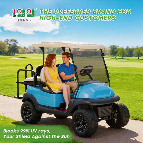 Heavy Duty Top Tier Golf Cart Windshield For Club Car Precedent Tempo Onward Two Thousand Four Up No Drill Straight Bolt On Folding Shield on a golf cart during a sunny day.