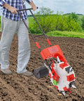 Person using the Six Row Hand Push Garden Seeder With Precision Seed Metering And Adjustable Depth And Spacing on soil