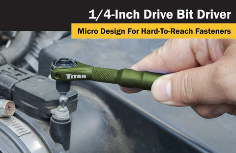 One Quarter Inch Drive Swivel Head Micro Ratcheting Bit Driver With Four Inch Length Ninety Tooth Reversible Ratchet in use