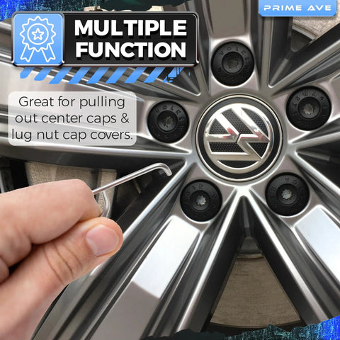 Three Piece Lug Nut Cap Cover And Center Cap Removal Tool Set With Stainless Steel Plastic ABS And Steel Pullers For Audi BMW Mercedes Mini Tesla VW Cars in use on VW wheel
