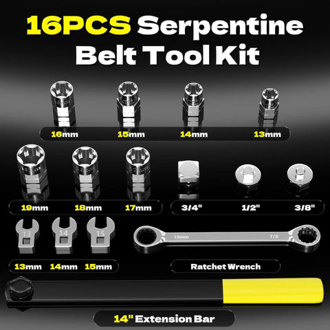 Serpentine Belt Tool Kit With Ratcheting Wrench, Sockets, Crowfoot Wrenches And Adapters for Belt Tensioner Set