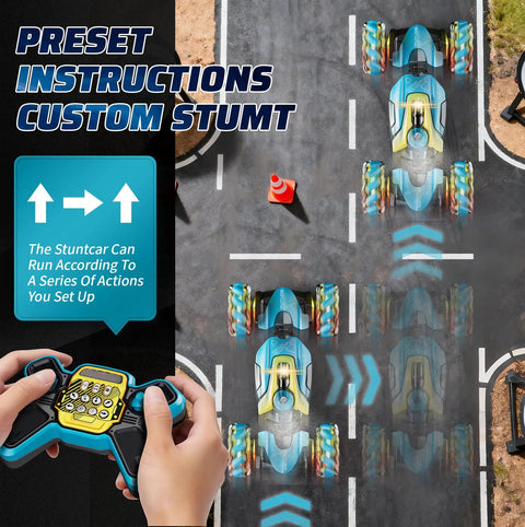 Rad Gesture Sensing Remote Control Stunt Car for All Terrains with remote, 360 spins demonstration on asphalt surface.