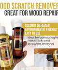 Wood scratch remover bottles for light and dark wood surfaces, shown with application image on wood floor