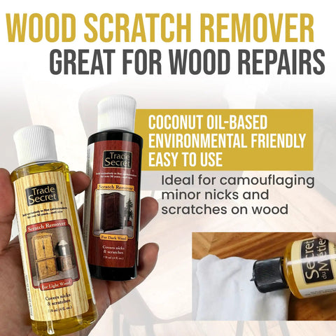 Wood scratch remover bottles for light and dark wood surfaces, shown with application image on wood floor