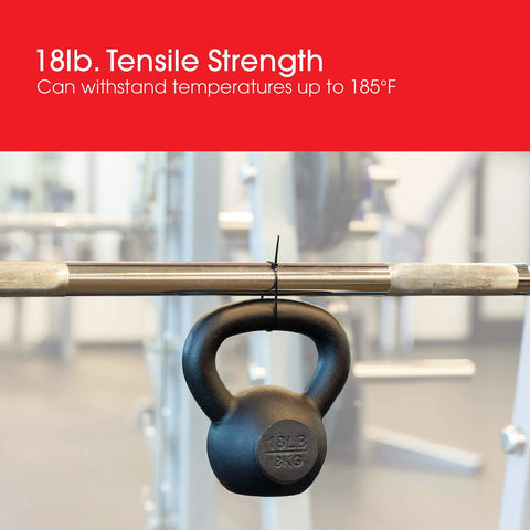 18lb kettlebell hanging from a bar using 8-Inch Neon Zip Ties 100 Pack Self-Locking Nylon Cable Ties With 40 Lbs Tensile Strength