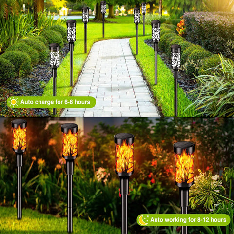 Solar Powered Outdoor Lights For Yard And Garden Black LED Path Lights Waterproof And Weatherproof No Fuss Setup Auto On At Dusk Energy Saving Night Lighting For Patio Walkway And Porch illuminating walkway and garden with floral pattern by day and flame effect by night.
