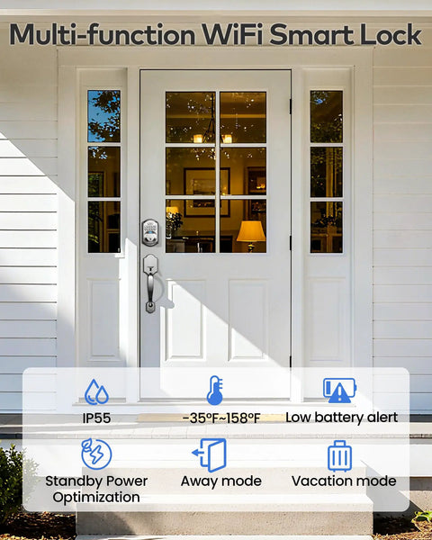 Wifi Fingerprint Smart Door Lock For Front Door Keyless Entry With App Remote Control And Alexa Google Home Compatible Fresh Satin Nickel Design on a white door.