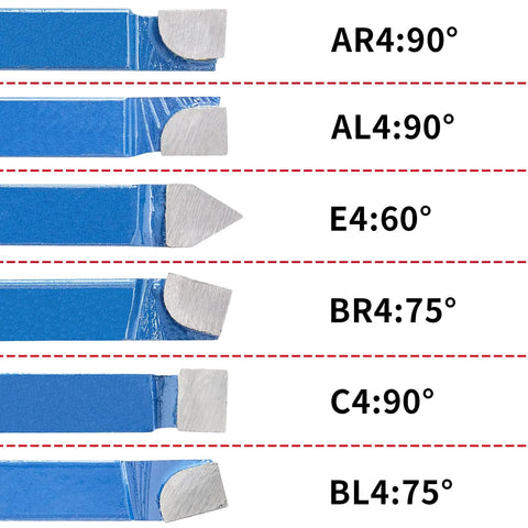 Six PNBO 1/4-inch carbide-tipped lathe cutters with varying tip angles on blue shanks.