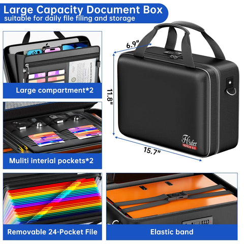 Fireproof And Water Resistant Document Box With Lock, Hard Shell Safe Case, 24 Pocket Accordion File Organizer, Portable Safe With Shoulder Strap For Home And Office