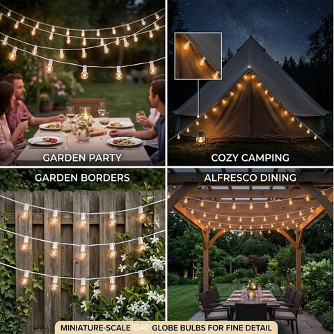 White Outdoor String Lights 25 Feet With 27 Globe Bulbs Edison Style G40 E12 Sockets at garden party, camping, borders, dining