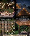 White Outdoor String Lights 50ft With 53 Glass Bulbs Waterproof Patio Lights creating a cozy glow for outdoor events and camping.