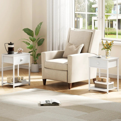 Small Space Friendly White Nightstand With Fabric Drawer And 3 Tier Storage End Table in living room setup