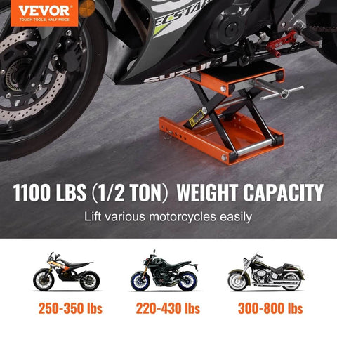 Heavy Duty Motorcycle Lift With Wide Deck and 1100 Lbs Capacity, Scissor Jack With Safety Pin, Adjustable Height From 3.7 To 13.8 Inches