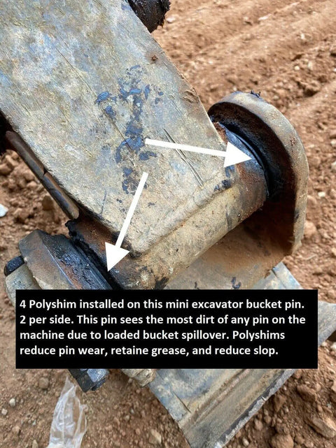 50mm Bucket Pin Shim For Excavators And Skid Steer Loaders, 3mm Thick Polyethylene Pin Shim installed on excavator connection