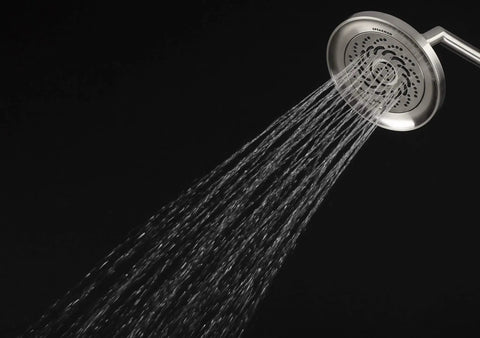 Kubos Exhilaration High Pressure Handheld Shower Head Matte Black Finish, 2 GPM, water flowing from modern round showerhead