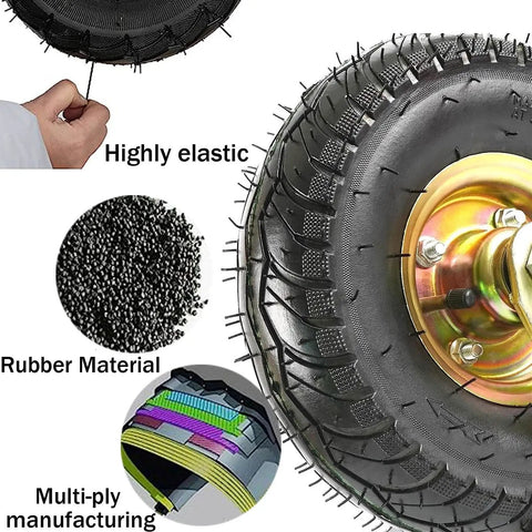 Close-up of a heavy duty silent rubber caster wheel featuring genuine pneumatic tires, showcasing its elastic material and multi-ply construction.