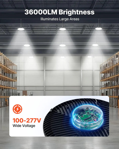 Six Pack UFO LED High Bay Lights With 36000 Lumens Of Brightness, 250W, 5000K; installed in warehouse showing light spread.