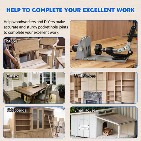 Pro Grade Pocket Hole Jig Kit With Dust Collection and Titanium Plated Bits used in various woodworking projects like tables and shelves